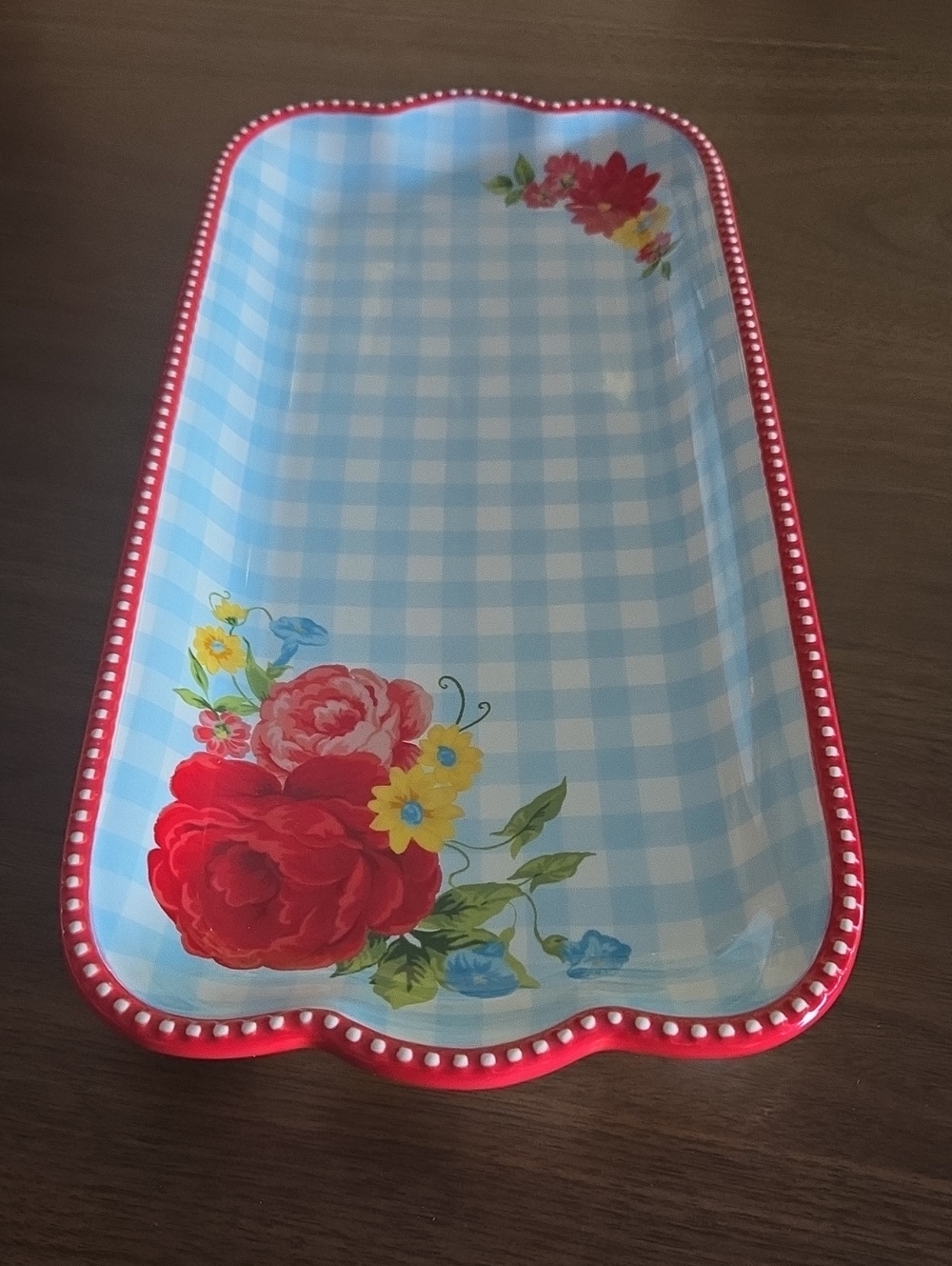 The Pioneer Woman Floral Blue Gingham Decorative Serving Tray